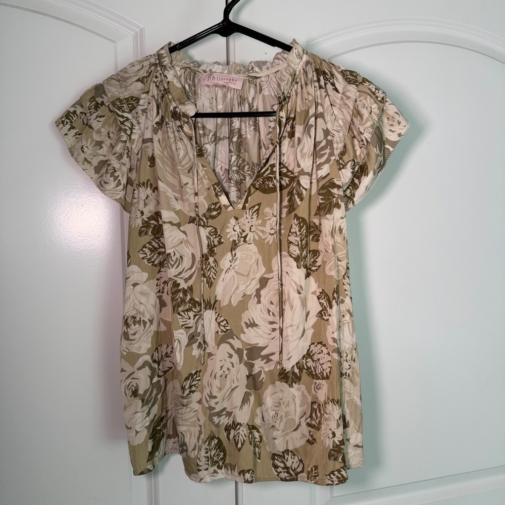Philosophy Floral Boho Blouse Olive Green Cream XS Flutter Sleeve